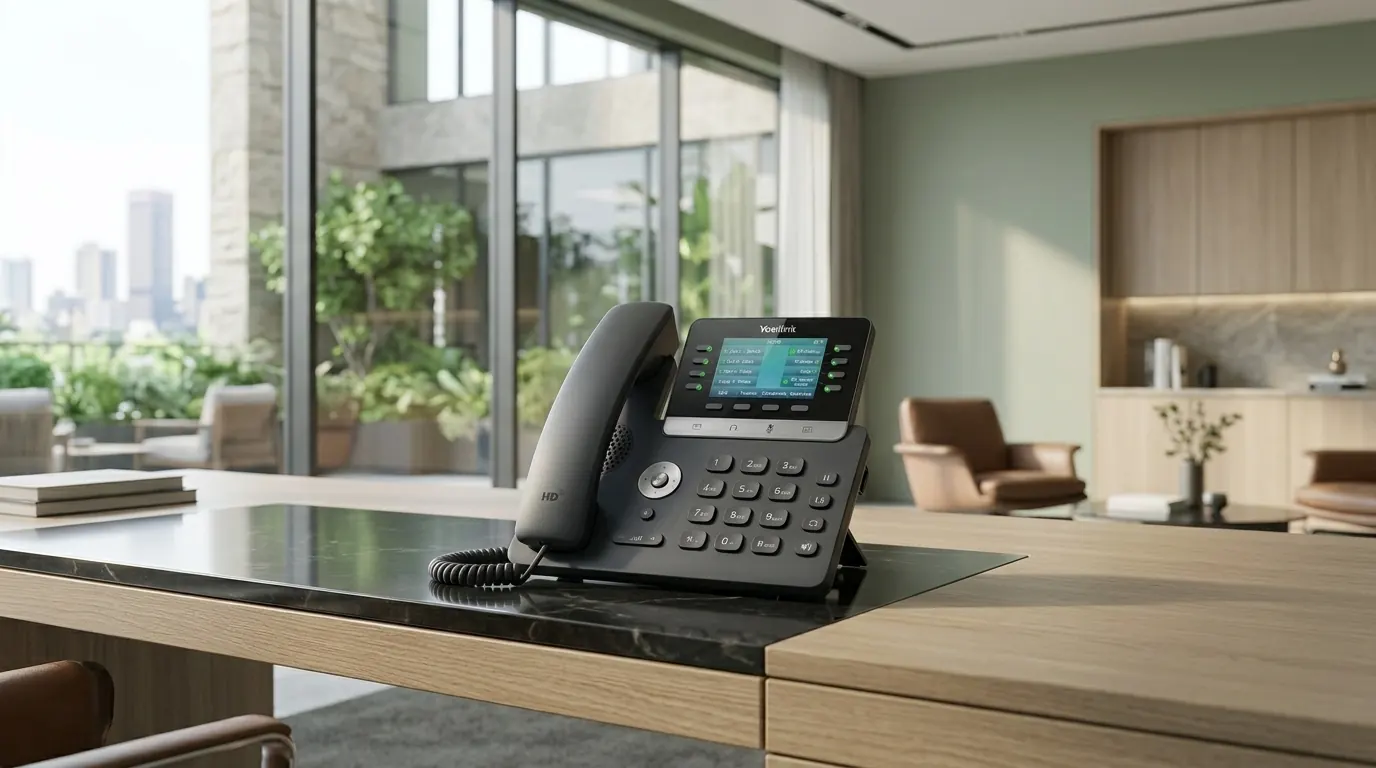 Yealink executive touchscreen desk phone in modern Johannesburg office